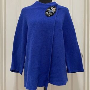 JM Collection 100% Wool Knit Wrap Cardigan Sweater Blue Jewel Brooch Elegant PL